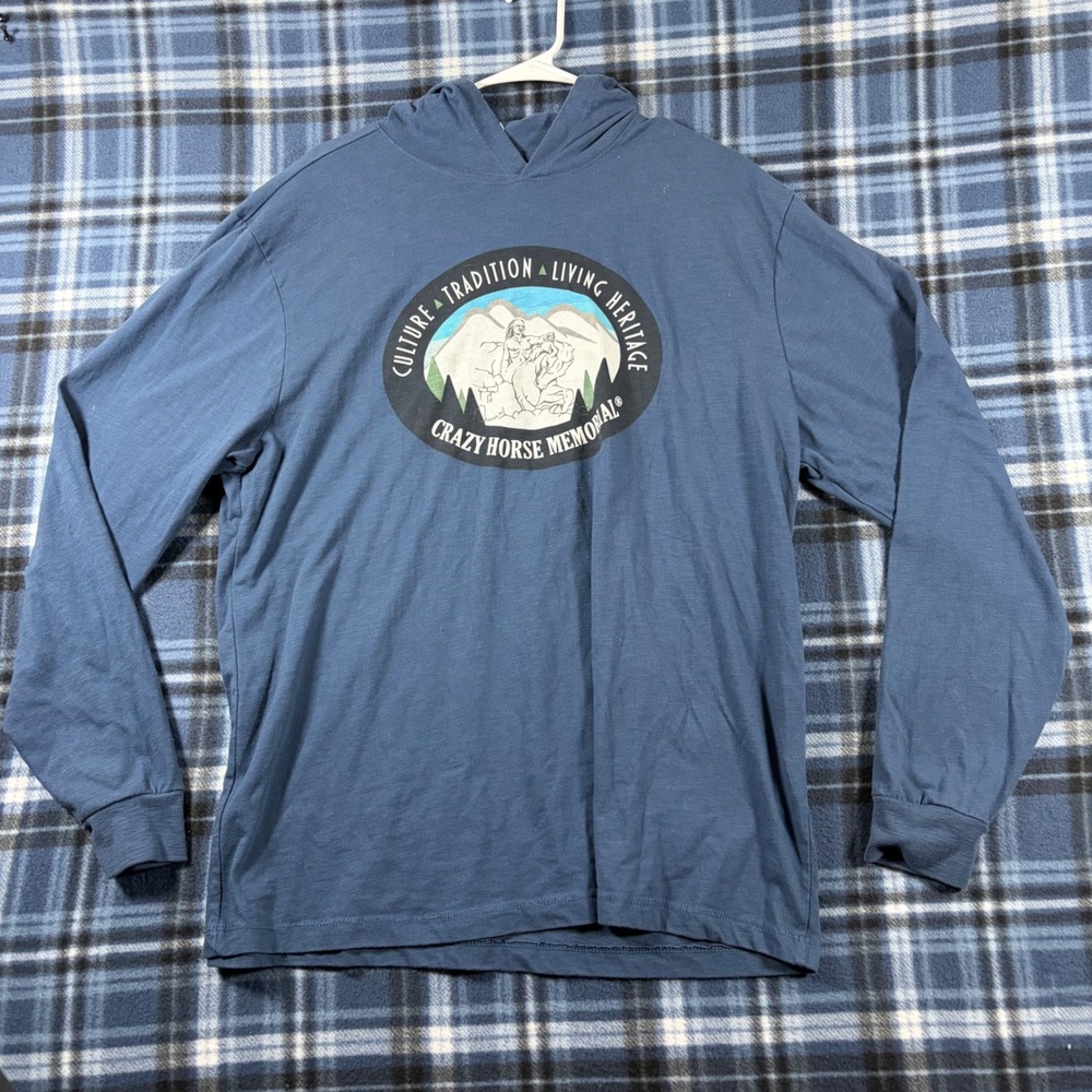 Pacific Crazy Horse Memorial Blue Long Sleeve Hooded Graphic T-Shirt Mens XL